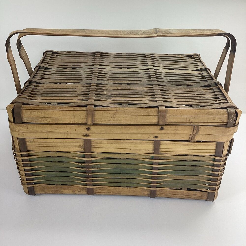 Vintage Wicker Bamboo Rattan Basket Dual Handles Woven